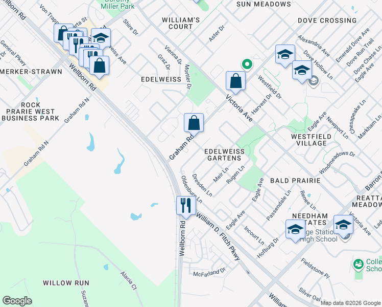 map of restaurants, bars, coffee shops, grocery stores, and more near 3717 Oldenburg Lane in College Station