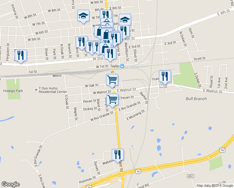 map of restaurants, bars, coffee shops, grocery stores, and more near 417 South Main Street in Taylor