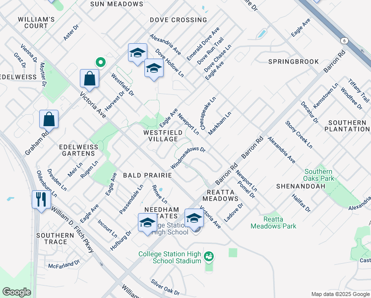 map of restaurants, bars, coffee shops, grocery stores, and more near 927 Windmeadows Drive in College Station