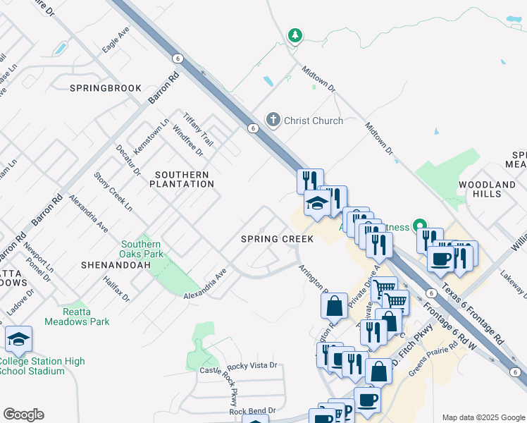 map of restaurants, bars, coffee shops, grocery stores, and more near 4344 Spring Garden Drive in College Station