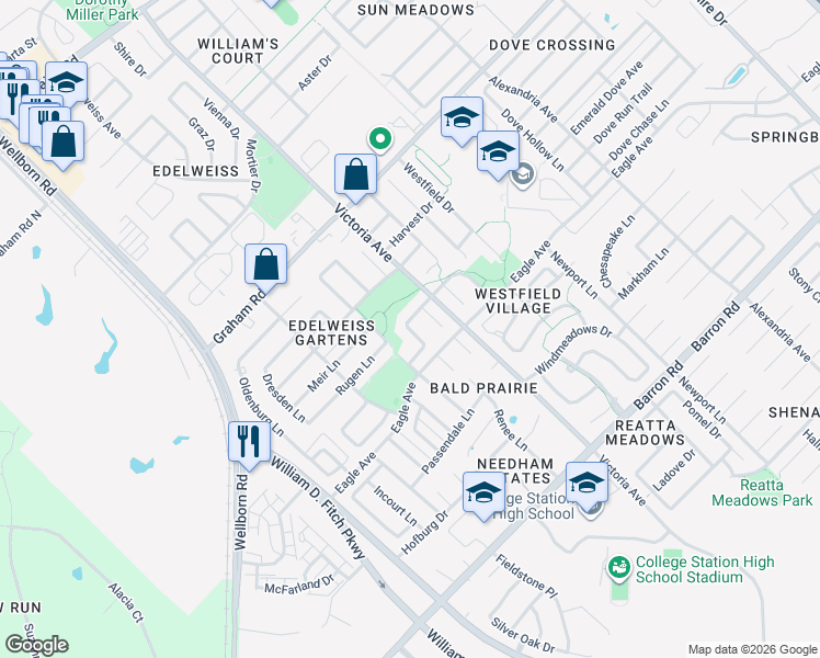 map of restaurants, bars, coffee shops, grocery stores, and more near 320 Robelmont Drive in College Station