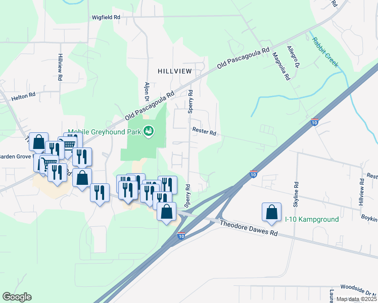 map of restaurants, bars, coffee shops, grocery stores, and more near 6089 Sperry Road in Theodore
