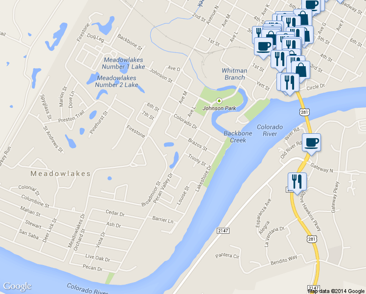 map of restaurants, bars, coffee shops, grocery stores, and more near 708 Pecan Valley Drive in Marble Falls