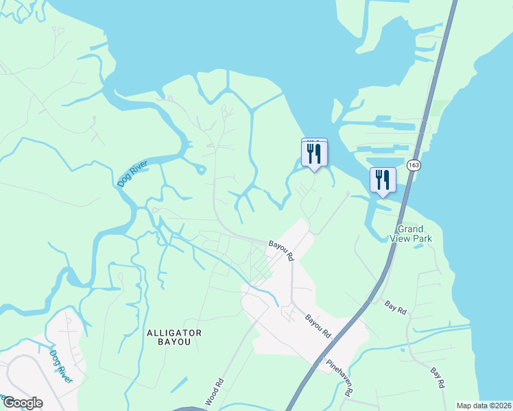 map of restaurants, bars, coffee shops, grocery stores, and more near 6163 Bayou Road in Mobile
