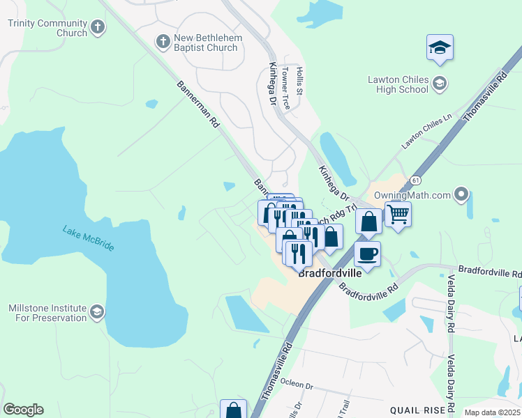 map of restaurants, bars, coffee shops, grocery stores, and more near 3421 Bannerman Road in Tallahassee
