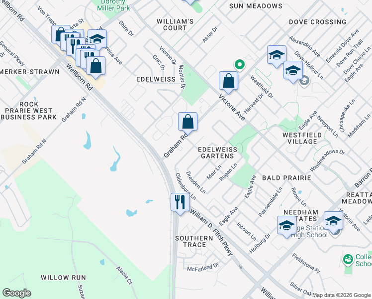 map of restaurants, bars, coffee shops, grocery stores, and more near 3717 Oldenburg Lane in College Station