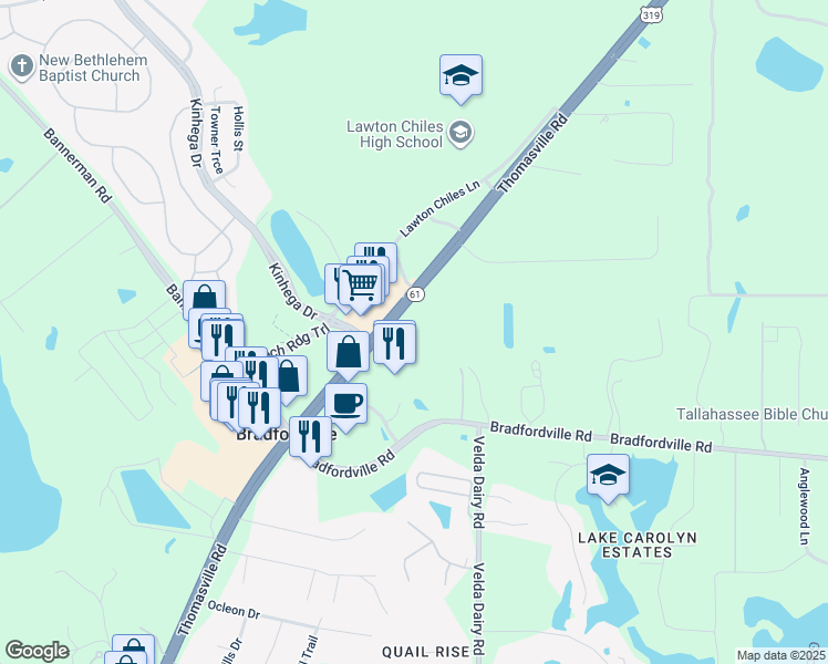 map of restaurants, bars, coffee shops, grocery stores, and more near 6785 Thomasville Road in Tallahassee