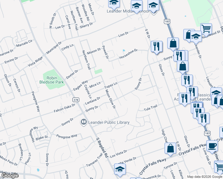 map of restaurants, bars, coffee shops, grocery stores, and more near 906 Moon Glow Drive in Leander