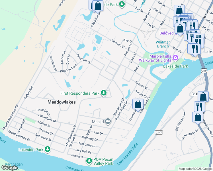 map of restaurants, bars, coffee shops, grocery stores, and more near 108 Meadowlakes Drive in Meadowlakes