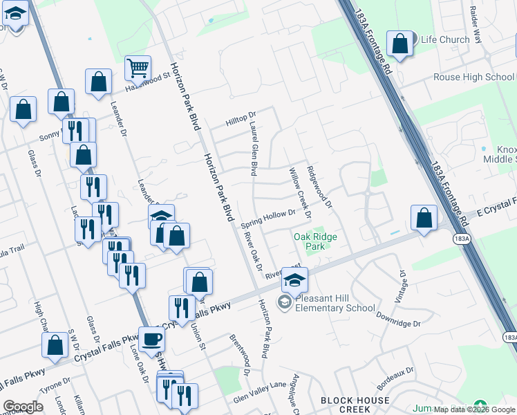 map of restaurants, bars, coffee shops, grocery stores, and more near 1302 Laurel Glen Boulevard in Leander