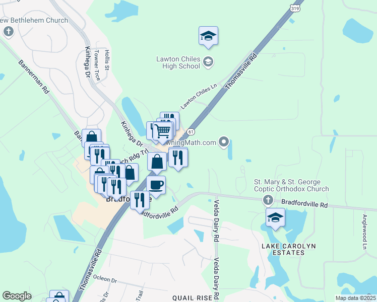 map of restaurants, bars, coffee shops, grocery stores, and more near 6785 Thomasville Road in Tallahassee