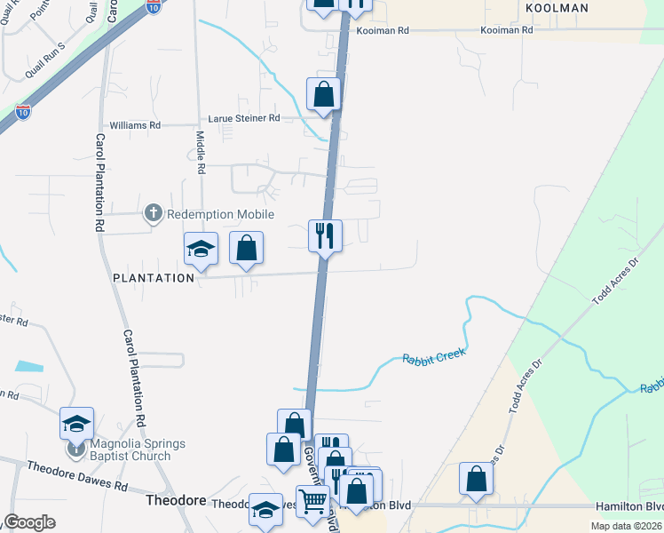 map of restaurants, bars, coffee shops, grocery stores, and more near 5701 U.S. 90 in Theodore