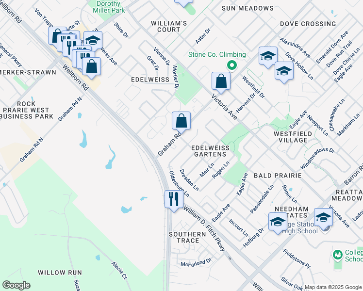 map of restaurants, bars, coffee shops, grocery stores, and more near 3704 Oldenburg Lane in College Station