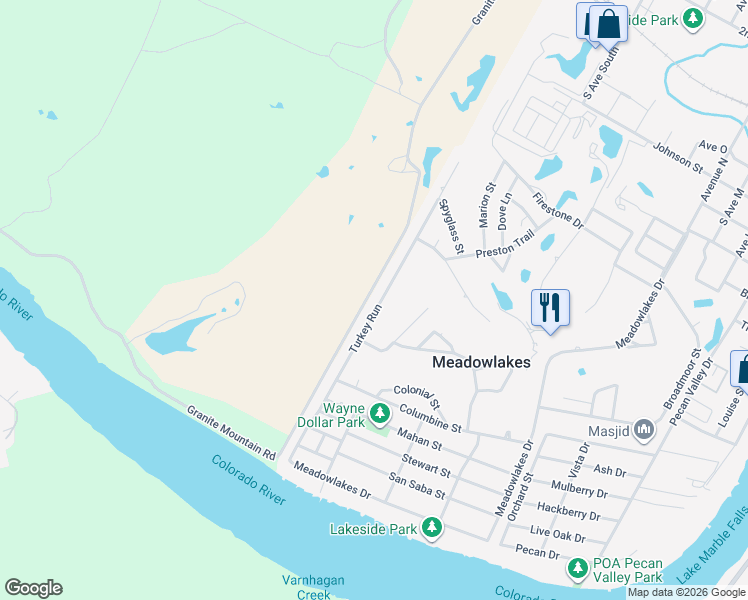 map of restaurants, bars, coffee shops, grocery stores, and more near 167 Turkey Run in Meadowlakes