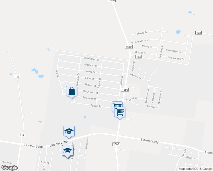 map of restaurants, bars, coffee shops, grocery stores, and more near 120 Phillips Street in Hutto