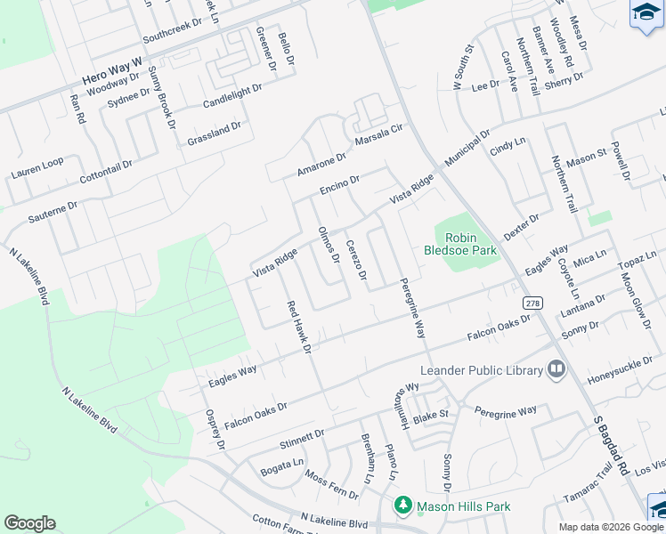 map of restaurants, bars, coffee shops, grocery stores, and more near 411 Olmos Drive in Leander