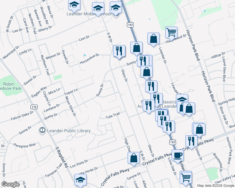 map of restaurants, bars, coffee shops, grocery stores, and more near 912 Mallard Lake Tr in Leander