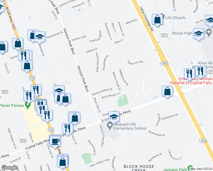 map of restaurants, bars, coffee shops, grocery stores, and more near 712 Mountain Ridge Drive in Leander