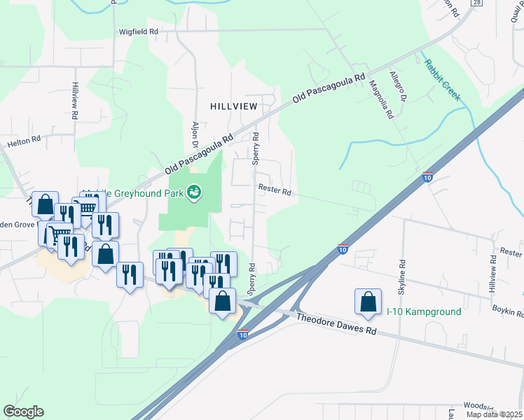 map of restaurants, bars, coffee shops, grocery stores, and more near 6871 Rester Road in Theodore