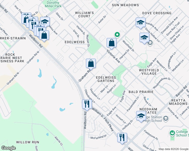 map of restaurants, bars, coffee shops, grocery stores, and more near Brandenburg Lane in College Station