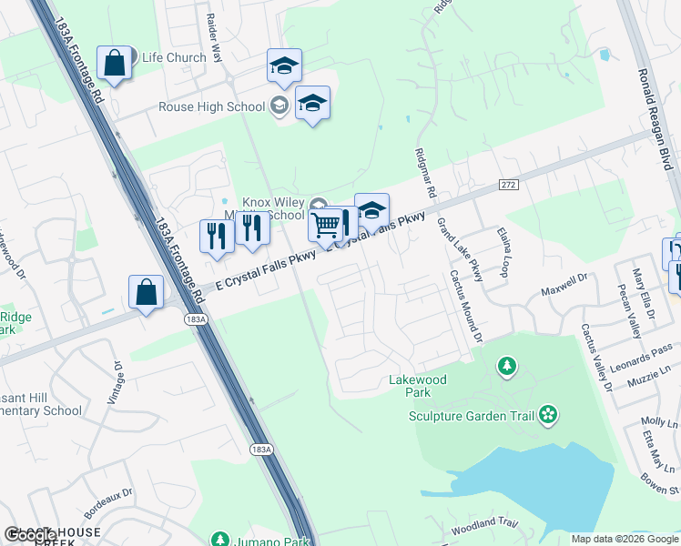 map of restaurants, bars, coffee shops, grocery stores, and more near 10820 East Crystal Falls Parkway in Leander