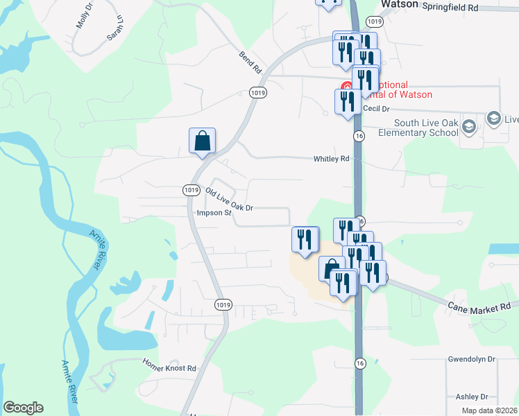 map of restaurants, bars, coffee shops, grocery stores, and more near 7711 Old Live Oak Drive in Denham Springs