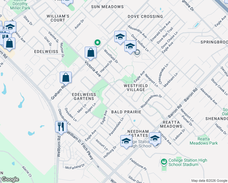 map of restaurants, bars, coffee shops, grocery stores, and more near 3806 Snowdance Court in College Station
