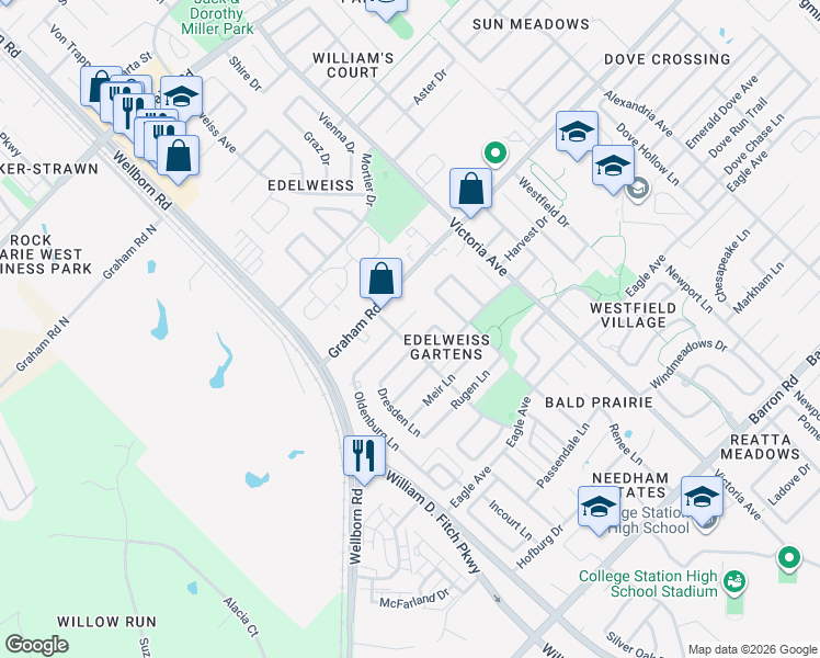 map of restaurants, bars, coffee shops, grocery stores, and more near 3617 Oldenburg Court in College Station