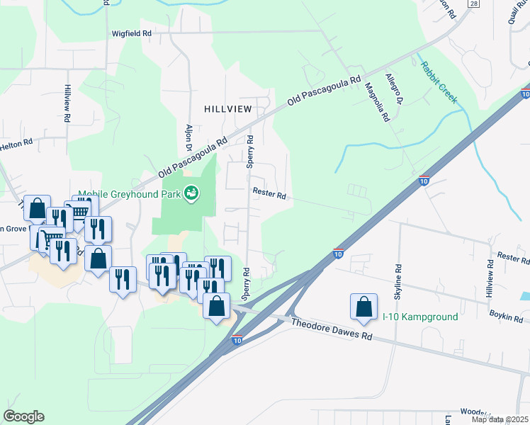 map of restaurants, bars, coffee shops, grocery stores, and more near 6871 Rester Road in Theodore