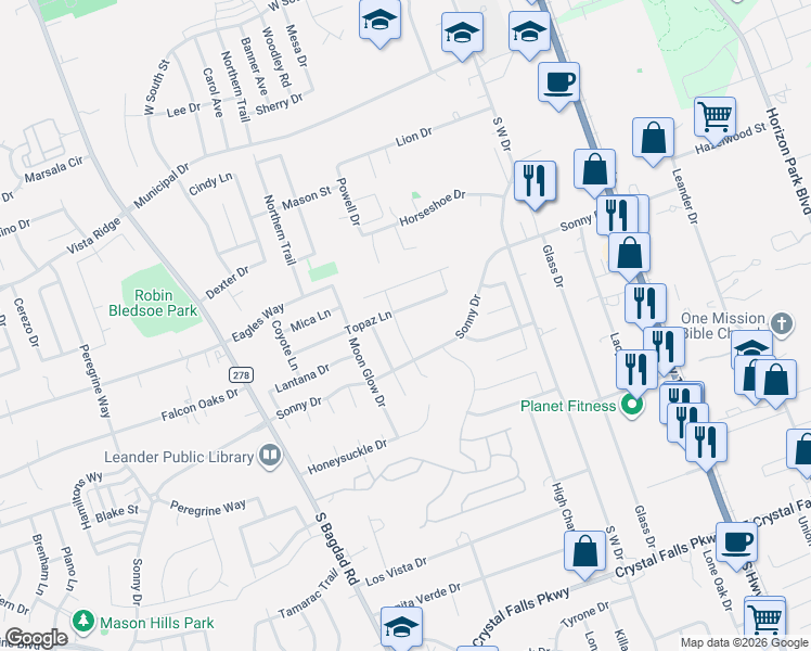 map of restaurants, bars, coffee shops, grocery stores, and more near 912 Canvasback Creek Drive in Leander