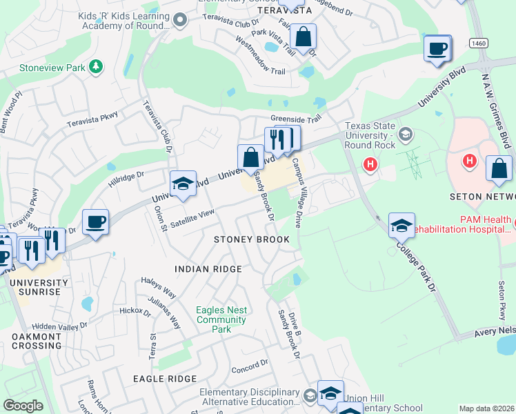 map of restaurants, bars, coffee shops, grocery stores, and more near 926 Satellite View in Round Rock