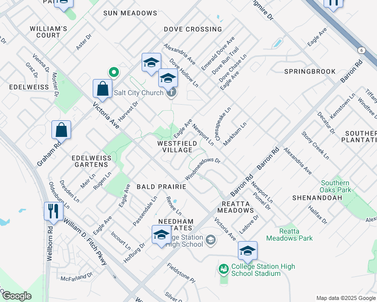 map of restaurants, bars, coffee shops, grocery stores, and more near 1001 Fallbrook Loop in College Station