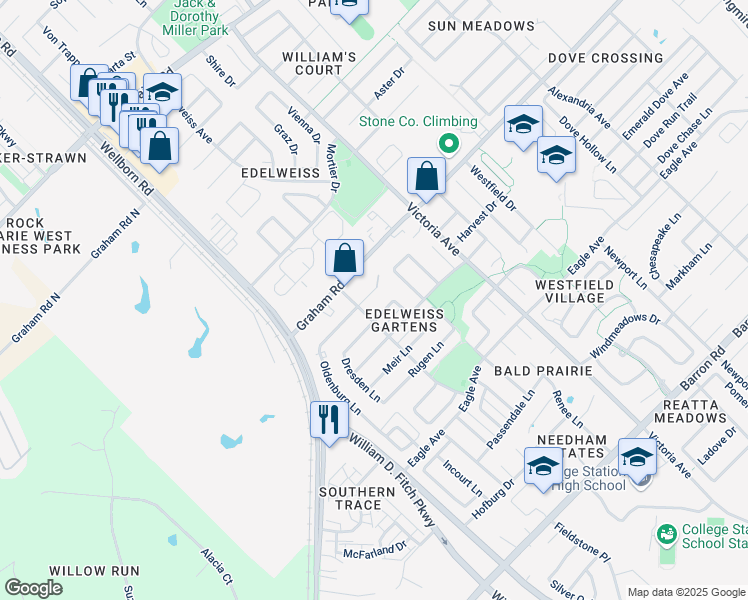 map of restaurants, bars, coffee shops, grocery stores, and more near 3607 Oldenburg Court in College Station