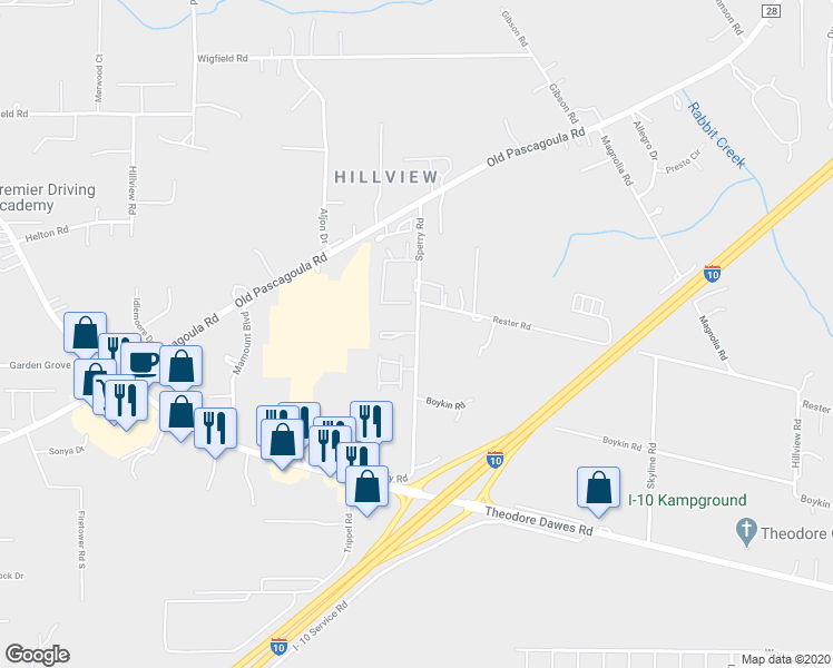map of restaurants, bars, coffee shops, grocery stores, and more near 6034 Sperry Road in Theodore