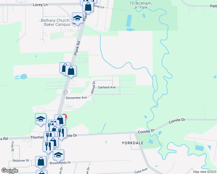 map of restaurants, bars, coffee shops, grocery stores, and more near 6605 Garland Avenue in Baker