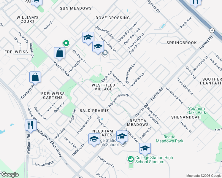 map of restaurants, bars, coffee shops, grocery stores, and more near 1001 Fallbrook Loop in College Station
