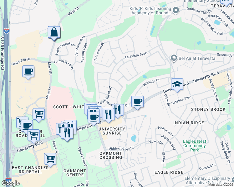 map of restaurants, bars, coffee shops, grocery stores, and more near 4019 Meadow Bluff Way in Round Rock