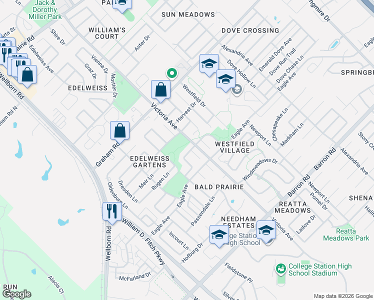 map of restaurants, bars, coffee shops, grocery stores, and more near 339 Robelmont Drive in College Station