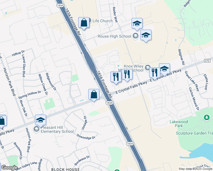 map of restaurants, bars, coffee shops, grocery stores, and more near 7748 183A Frontage Road in Cedar Park