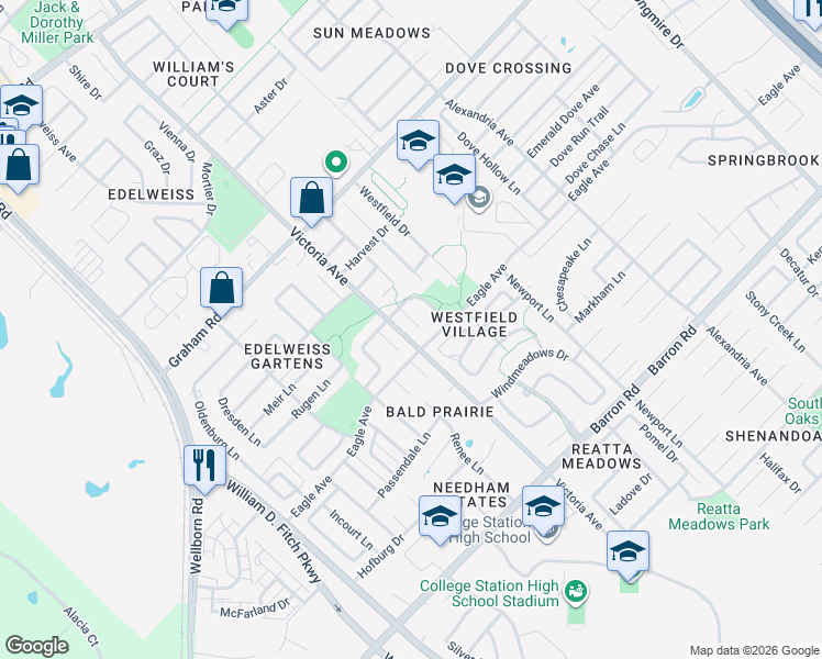 map of restaurants, bars, coffee shops, grocery stores, and more near 3806 Snowdance Court in College Station