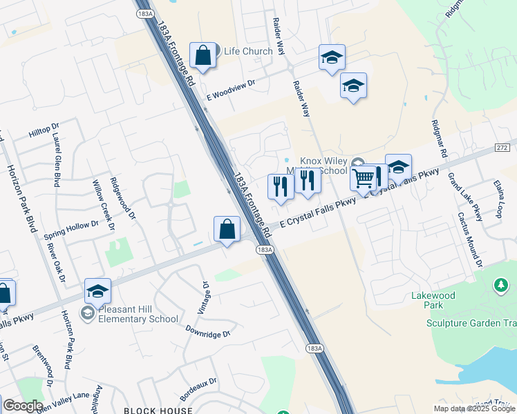 map of restaurants, bars, coffee shops, grocery stores, and more near 7748 183A Frontage Road in Cedar Park