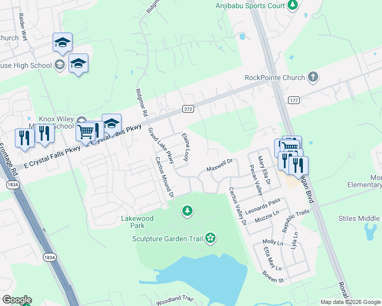 map of restaurants, bars, coffee shops, grocery stores, and more near 1916 Elaina Loop in Leander