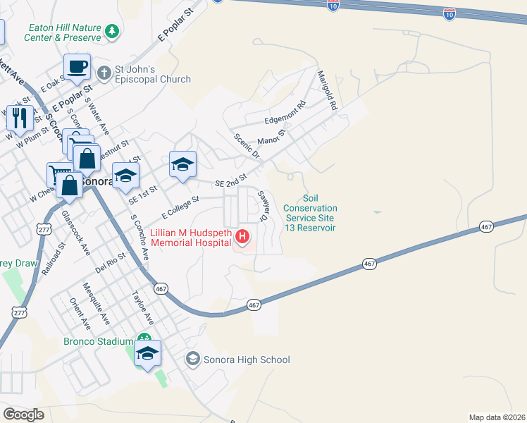 map of restaurants, bars, coffee shops, grocery stores, and more near 105 Sawyer Court in Sonora