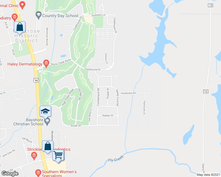 map of restaurants, bars, coffee shops, grocery stores, and more near 301 Poplar Place in Fairhope