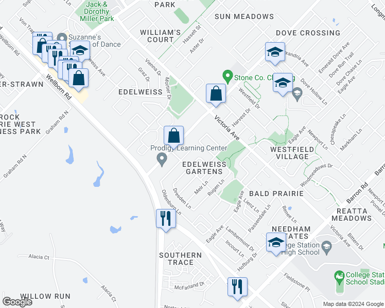 map of restaurants, bars, coffee shops, grocery stores, and more near 3605 Oldenburg Court in College Station