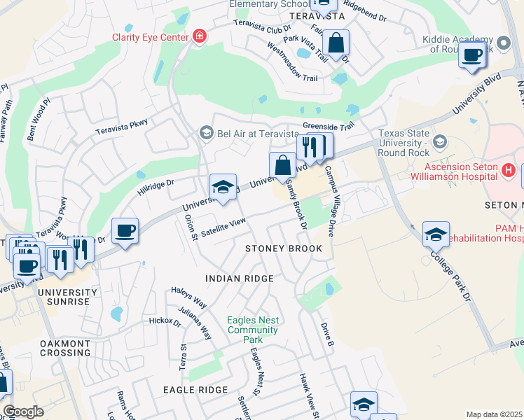 map of restaurants, bars, coffee shops, grocery stores, and more near 912 Satellite View in Round Rock