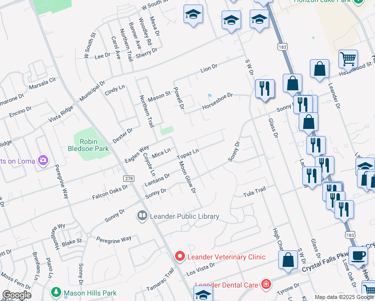 map of restaurants, bars, coffee shops, grocery stores, and more near 716 Kaluga Trail in Leander