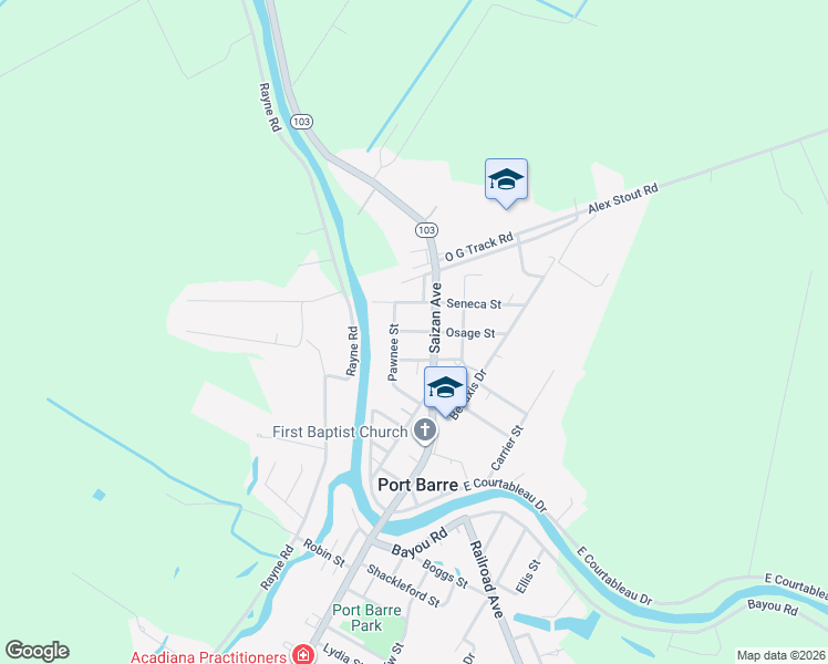 map of restaurants, bars, coffee shops, grocery stores, and more near 107 Osage Street in Port Barre