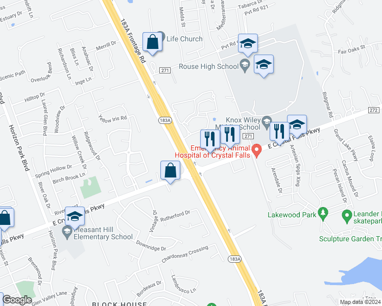 map of restaurants, bars, coffee shops, grocery stores, and more near 7748 183A Frontage Road in Cedar Park