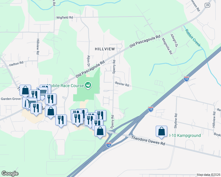 map of restaurants, bars, coffee shops, grocery stores, and more near 6076 Sperry Road in Theodore